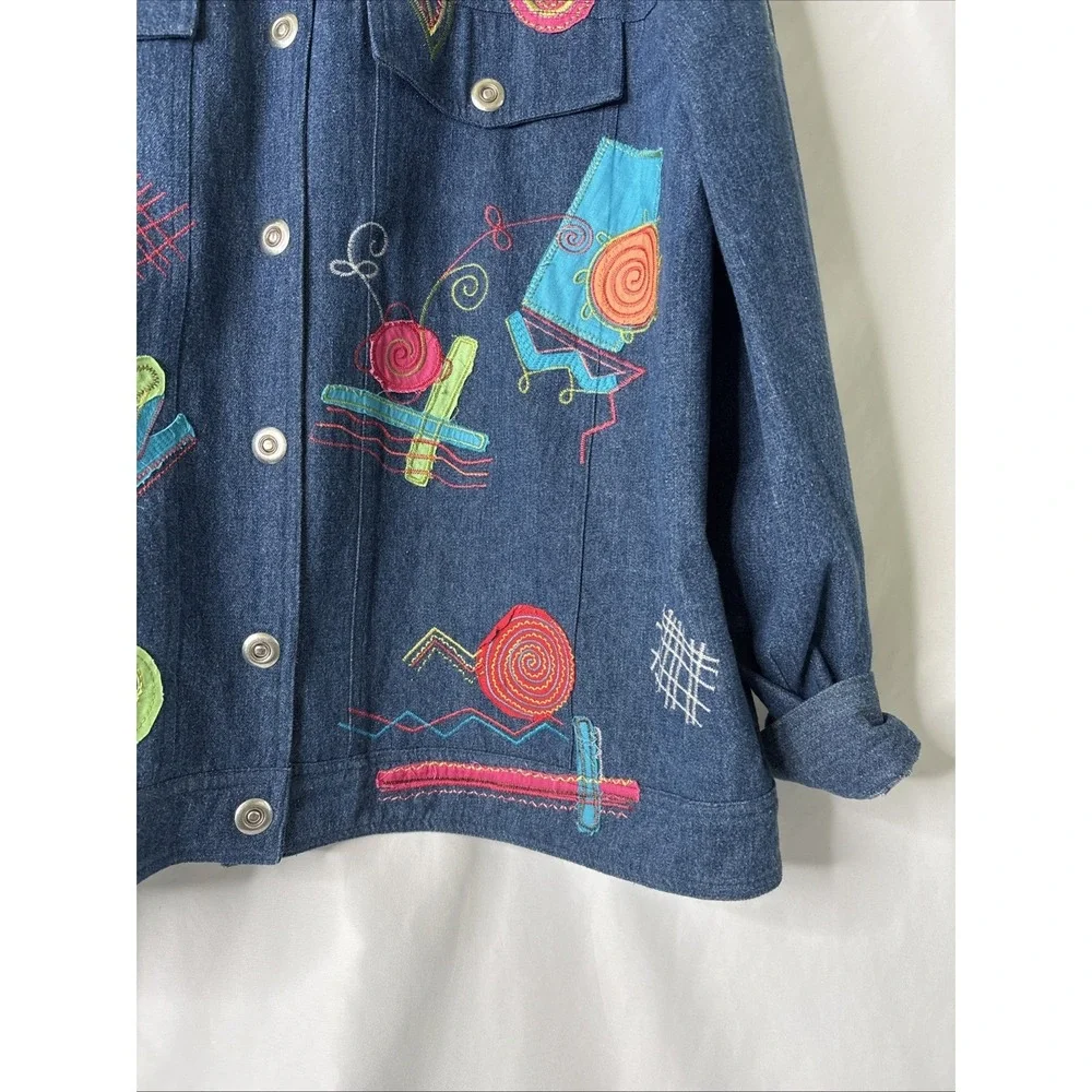 Anne Carson Blue Denim Jean Jacket Women's 3X‎ Embroidered Colorful Abstract